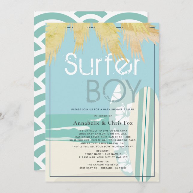 Surfer Boy Surfboard Beach Baby Shower by Mail Inbjudningar (Fram/baksida)