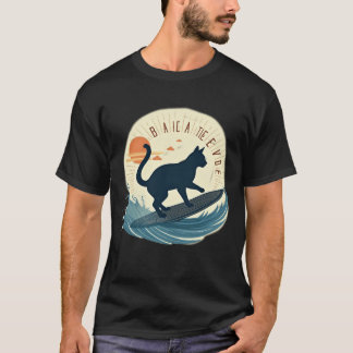 Surfer Cat Silhouette Abstract Retro Beach Waves T Shirt