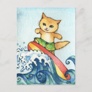 Surfer - Cute Surfa Cat Art Vykort