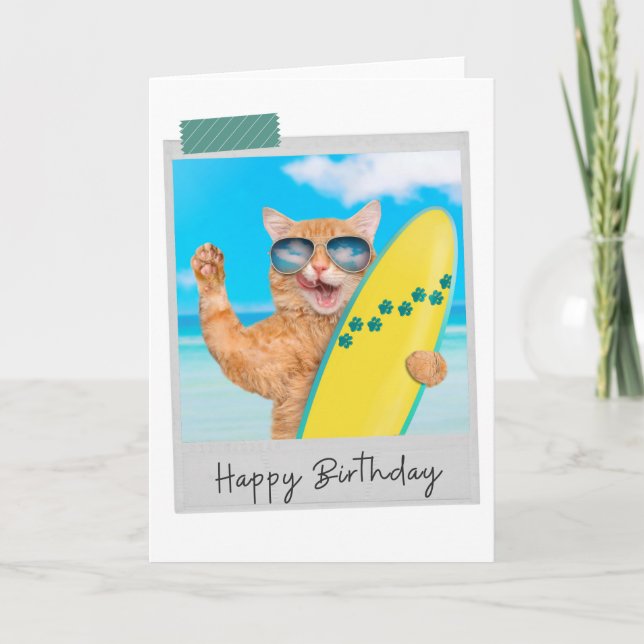 Surfer Ginger Cat Funny Birthday Card Kort (Framsida)