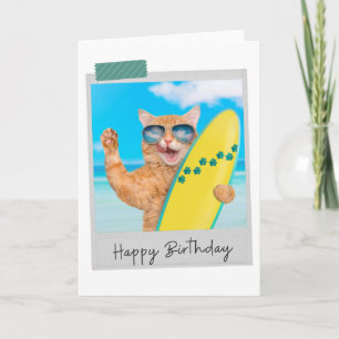 Surfer Ginger Cat Funny Birthday Card Kort