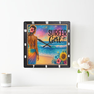 Surfer Girl Beach Sunset Fyrkantig Klocka