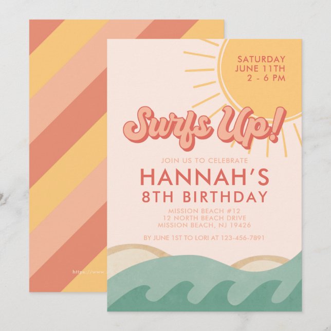 Surfer Girl Birthday-Surfans upp alla åldersinbjud Inbjudningar (Fram/baksida)