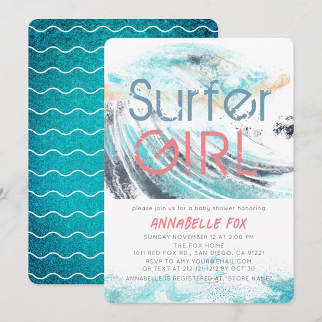 Surfer Girl Blue Wave Stänk Surfing Baby Shower Inbjudningar (Fram/baksida)