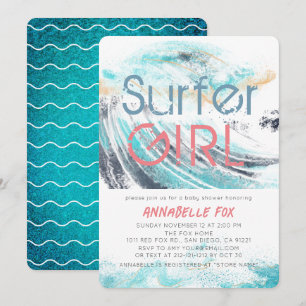 Surfer Girl Blue Wave Stänk Surfing Baby Shower Inbjudningar