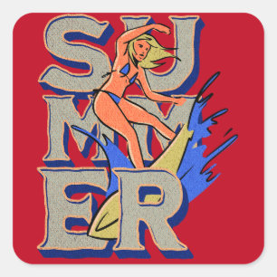Surfer Girl Retro Summer Fyrkantigt Klistermärke