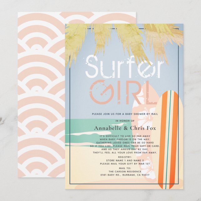 Surfer Girl Surfboard Beach Baby Shower by Mail Inbjudningar (Fram/baksida)