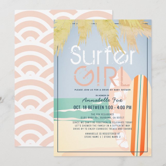 Surfer Girl Surfboard Beach Drive by Baby Shower Inbjudningar (Fram/baksida)