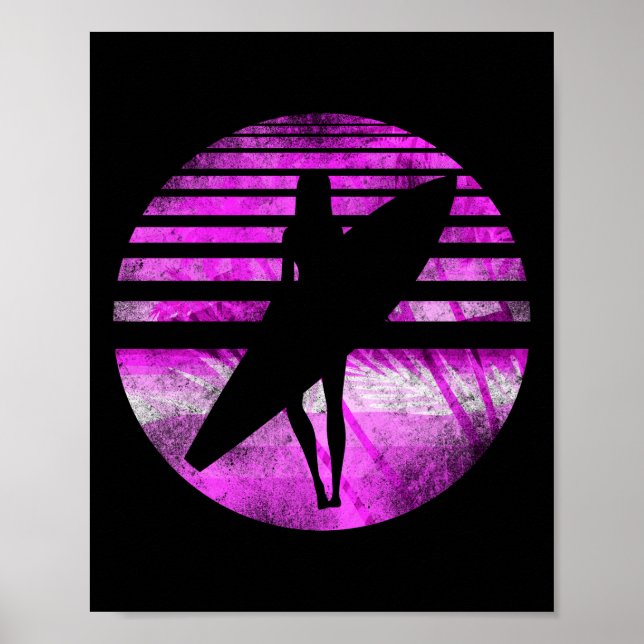 Surfer Girl Surfboard Sunset Handflatan Träd Poster (Framsidan)