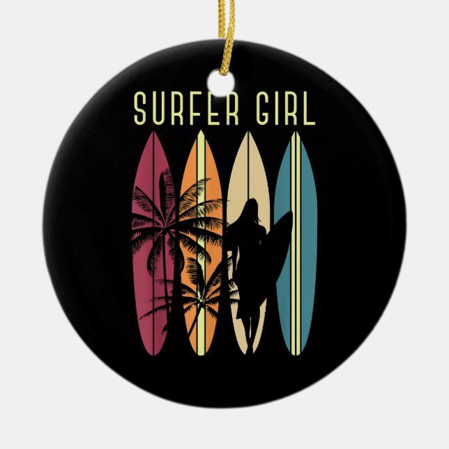 Surfer Girl Surfboard Surfboard Women Girls Surfa  Julgransprydnad Keramik (Framsidan)