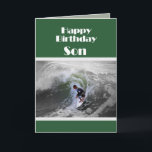 Surfer Grattis på födelsedagen Son Card Kort<br><div class="desc">En fullgjord ung surfare rider vågar.</div>