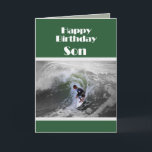 Surfer Grattis på födelsedagen Son Card Kort<br><div class="desc">En fullgjord ung surfare rider vågar.</div>