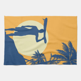 Surfer, handflatan träd, klippor, sol, surfare, kö kökshandduk