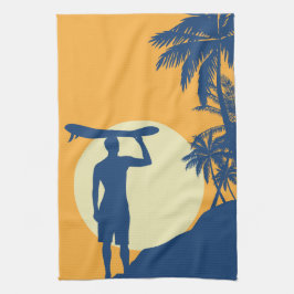 Surfer, handflatan träd, klippor, sol, surfare, kö kökshandduk