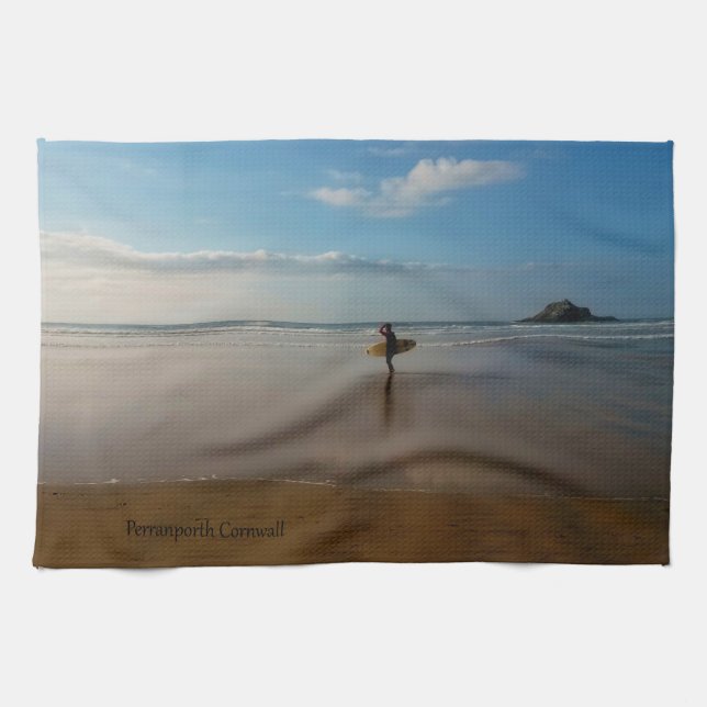 Surfer i Perranporth Beach Cornwall England Kökshandduk (Horisontell)