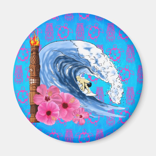 Surfer och Tiki Statue Magnet (Framsidan)