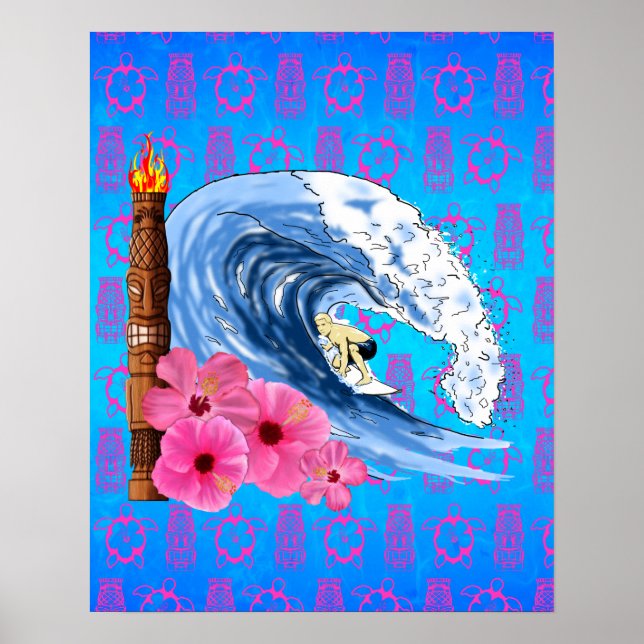 Surfer och Tiki Statue Poster (Framsidan)