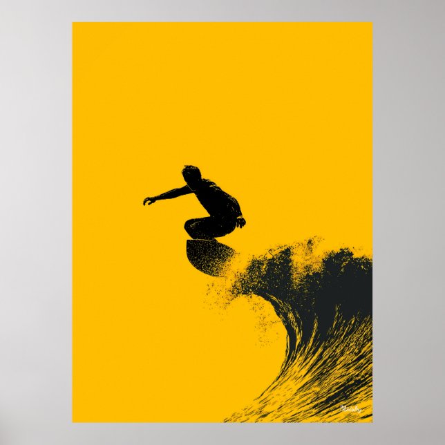 Surfer Poster - Svart Silhouette på Gult Wave (Framsidan)