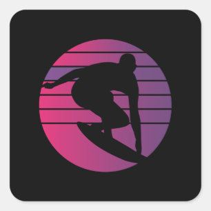 Surfer Retro Surfing Sunset Fyrkantigt Klistermärke