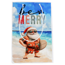 Surfer Santa with his surf board at the beach 
