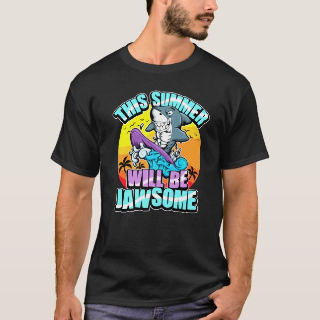Surfer Shark Beach Surfing Summer Vågar Jawsome T Shirt (Framsida)