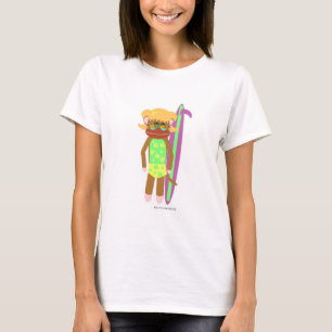 Surfer Sock monkey Girl Cute Tecknad Illustration Tee Shirt