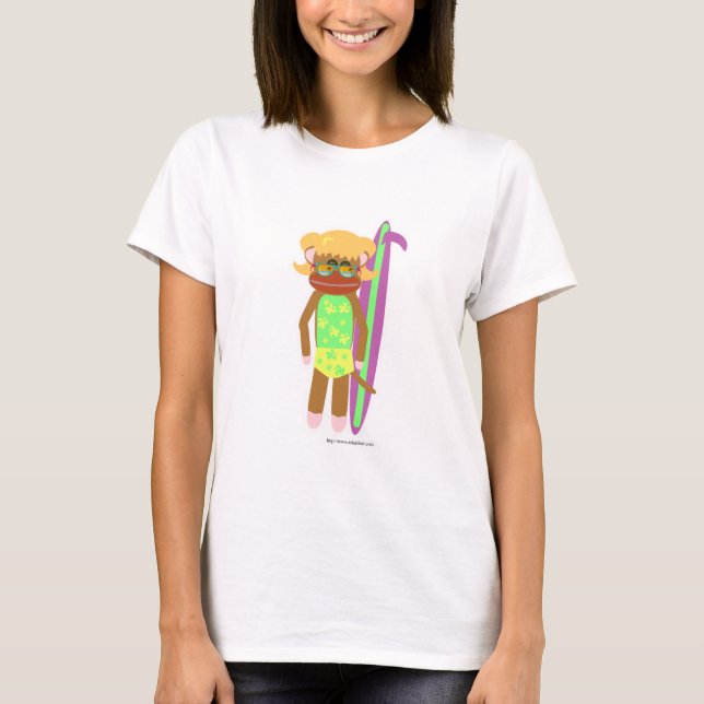 Surfer Sock monkey Girl Cute Tecknad Illustration Tee Shirt (Framsida)