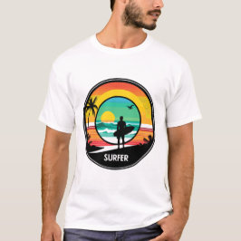 Surfer Sunset Beach Retro Circle Illustration T Shirt