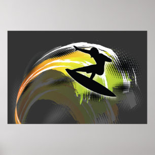 Surfer svart figur och färgvåg på grått poster