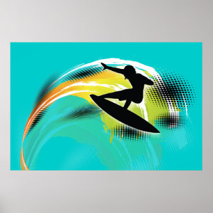Surfer svart figur och färgvåg på turkos poster