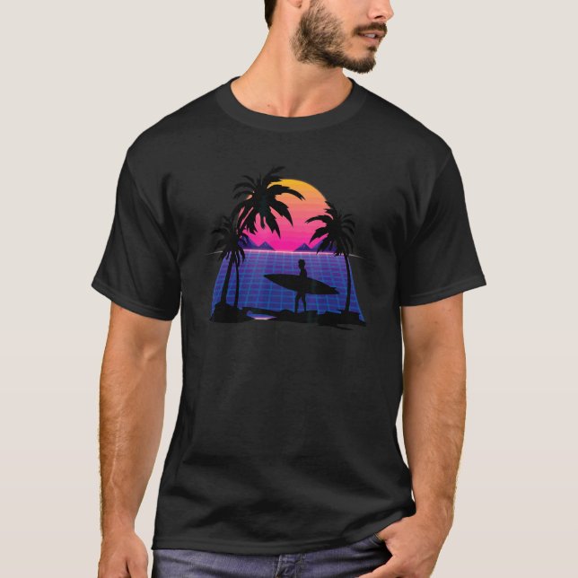 Surfer Vaporwave Watersport Synthwave Sunset Surfi T Shirt (Framsida)