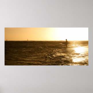 Surfer vid Sunset - Oahu, Hawaii Poster