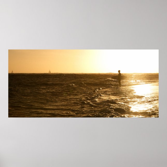 Surfer vid Sunset - Oahu, Hawaii Poster (Framsidan)