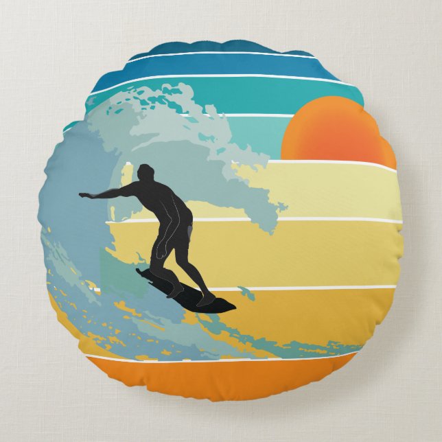 Surfer Vintage Sunset Rund Kudde (Framsidan)