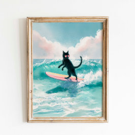 Surfer Whimsical Black Cat Watercolor Art Poster