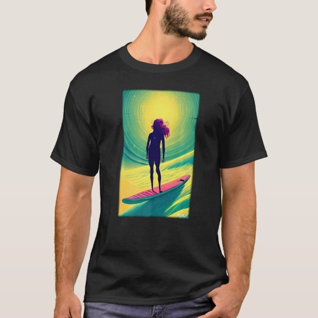 Surfergirl Girl Woman Surfboard Vinkarare Sea Vaca T Shirt (Framsida)