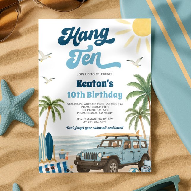 Surfing 10:e födelsedagsinbjudan - Häng tio Inbjudningar (Surfing 10th Birthday Invitation - Hang Ten)