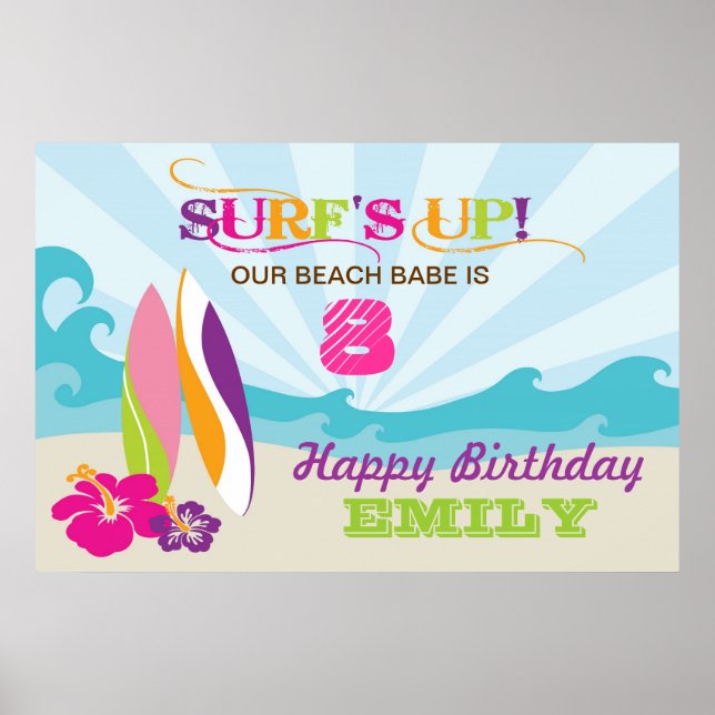 Surfing and Beach Thated Birthday Banner Poster (Framsidan)