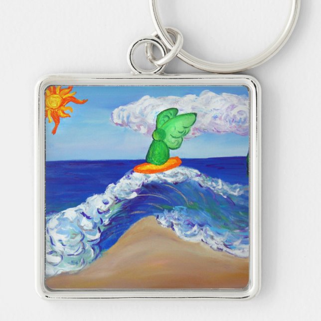 Surfing Angel Raphael Keychain Fyrkantig Silverfärgad Nyckelring (Framsidan)