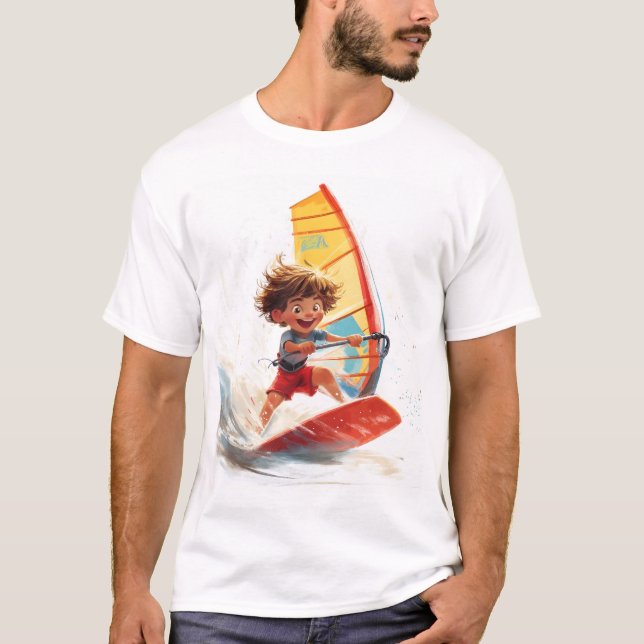 Surfing Äventyr Tecknad vid Lycklig Kid T Shirt (Framsida)