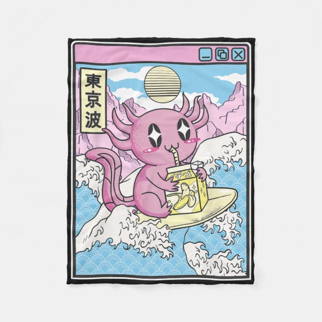 Surfing Axolotl Drinking Nana Milk Kawaii Anime Va Fleecefilt (Framsidan)