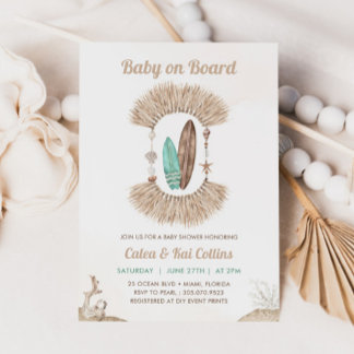 Surfing Beach Boho Baby On Board Baby Shower Inbjudningar