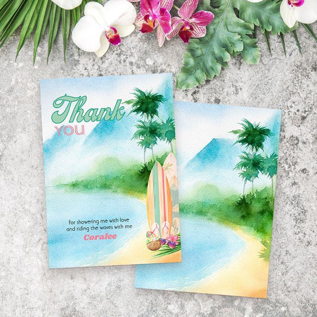 Surfing Beach Watercolor Summer Luau Tack Kort (Surfboards on the beach -watercolor thank you card from my Surfing Collection)