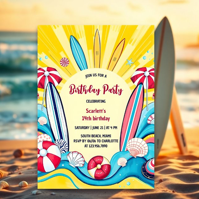 Surfing Birthday på sommarstugan Roligt Inbjudningar (Summer beach surfing birthday party invitation template)