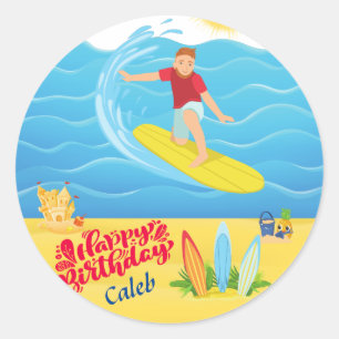 Surfing Birthday Runt Klistermärke