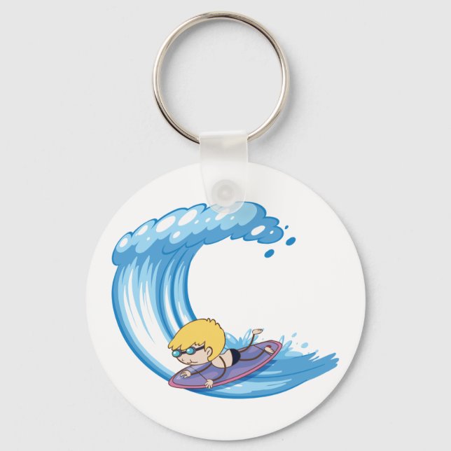 Surfing Boy Blue Wave Keychain Nyckelring (Framsida)