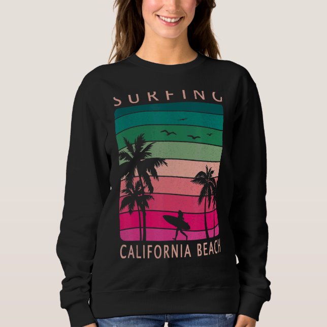 Surfing California Beach Sunset Handflatan Träd Su T Shirt (Framsida)