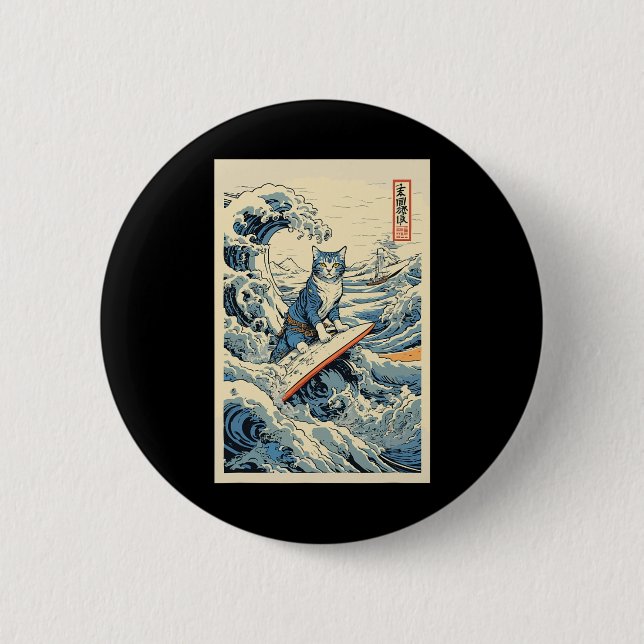 Surfing Cat Hokusai Underbar Wave off Kanagawa Jap Knapp (Framsida)