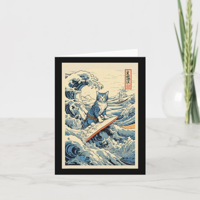 Surfing Cat Hokusai Underbar Wave off Kanagawa Jap Kort (Framsida)