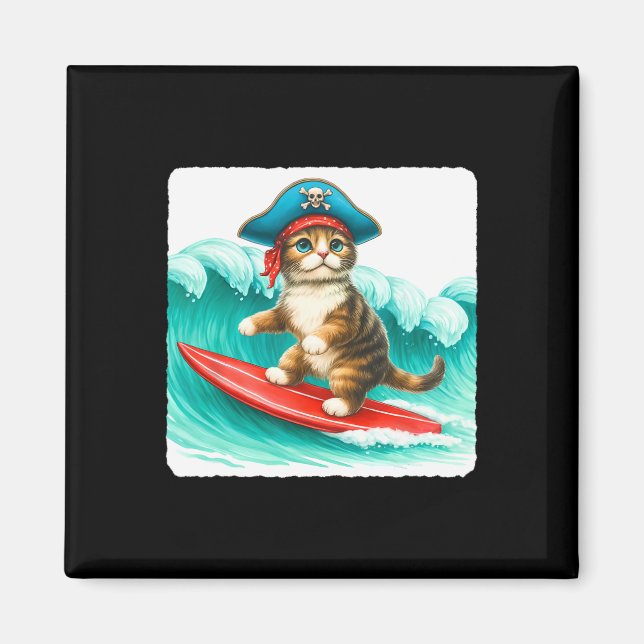 Surfing Cat With Pirate Hat On Surfboard. Waves Pl Magnet (Framsidan)